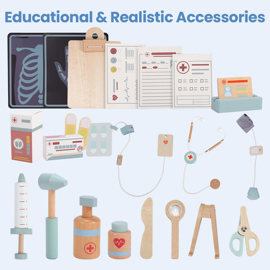 Joylike 15PCS Wooden Doctor Kits Dr Pretend Playset for Kids Ages 1-3 3-5 6-8 - Joylike