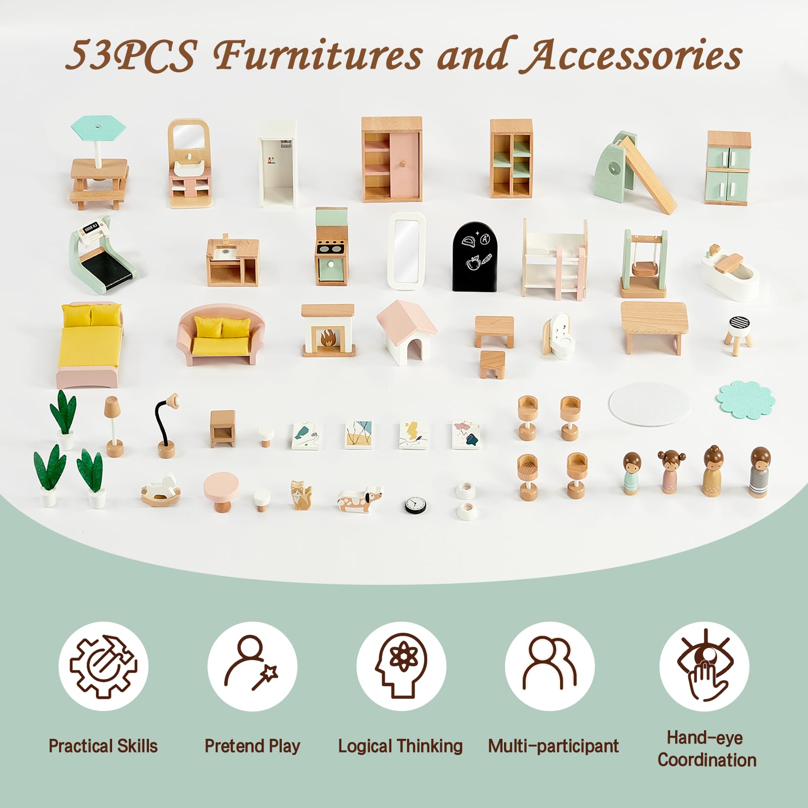 Joylike 53PCS Wooden Dollhouse for Kids, Family Dollhouse Including Toy Figures, Furniture and Accessories - Joylike