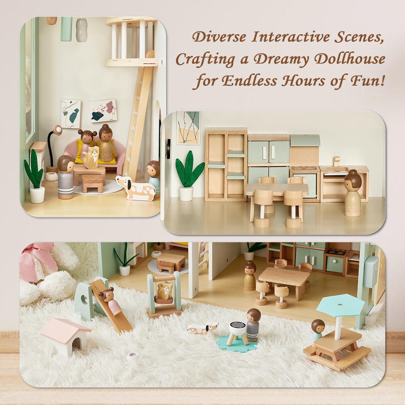 Joylike 53PCS Wooden Dollhouse for Kids, Family Dollhouse Including Toy Figures, Furniture and Accessories - Joylike