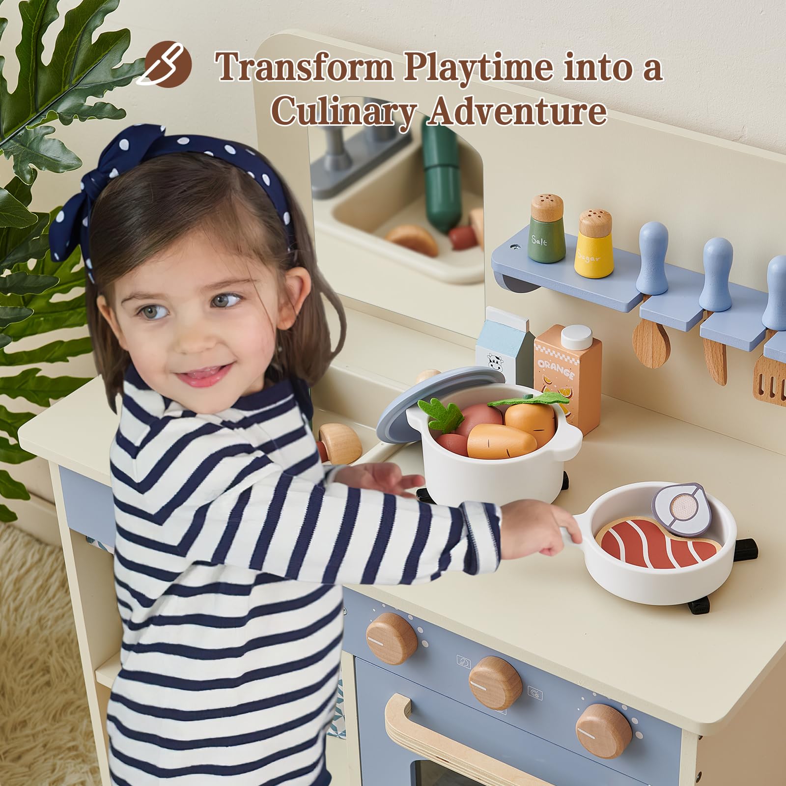 Joylike 32Pcs Wooden Kitchen Playset, Toddler Play Kitchen with Accessories Cutting Food Set, Stove & Water Sink - Joylike