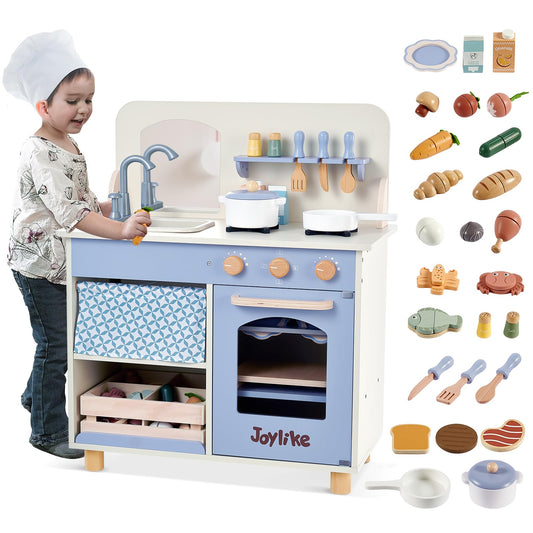 Joylike 32Pcs Wooden Kitchen Playset, Toddler Play Kitchen with Accessories Cutting Food Set, Stove & Water Sink - Joylike