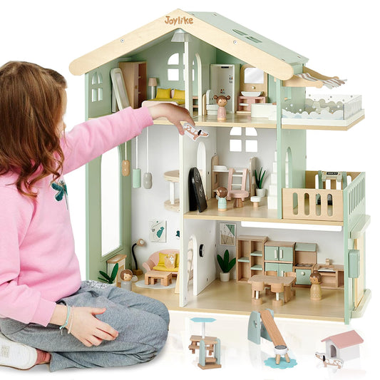Joylike 53PCS Wooden Dollhouse for Kids, Family Dollhouse Including Toy Figures, Furniture and Accessories - Joylike