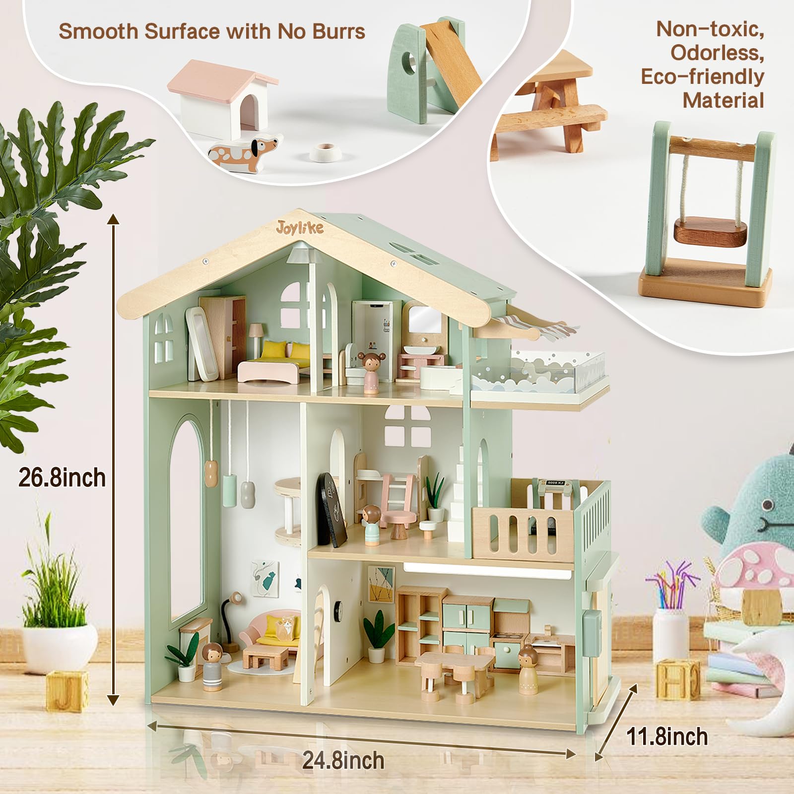 Joylike 53PCS Wooden Dollhouse for Kids, Family Dollhouse Including Toy Figures, Furniture and Accessories - Joylike