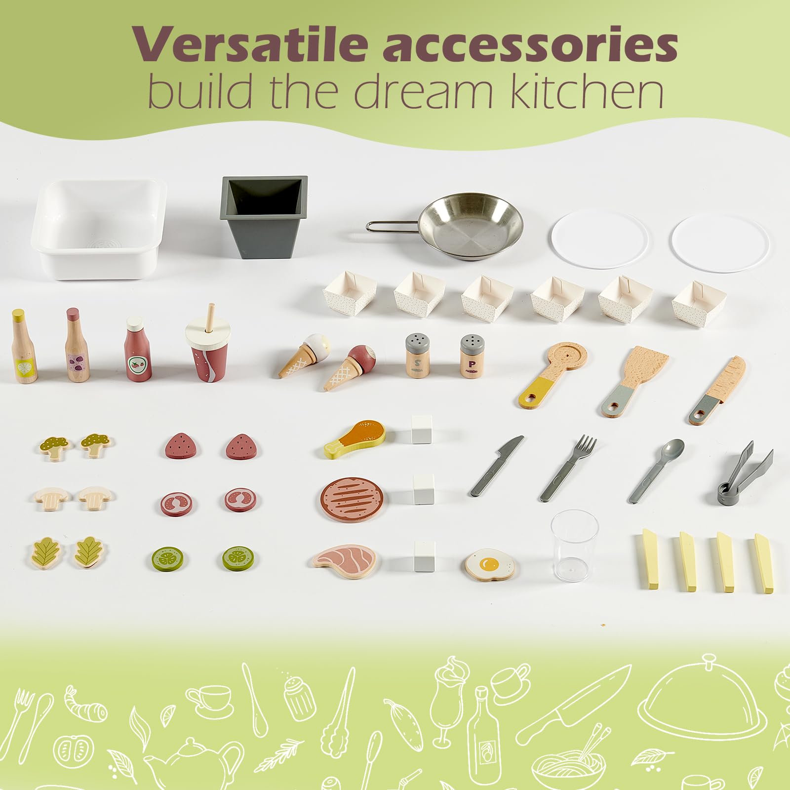 Joylike 50-Pcs Wooden Food Cart, Kitchen Playset Grocery Store with Sink and Ice Maker - Joylike