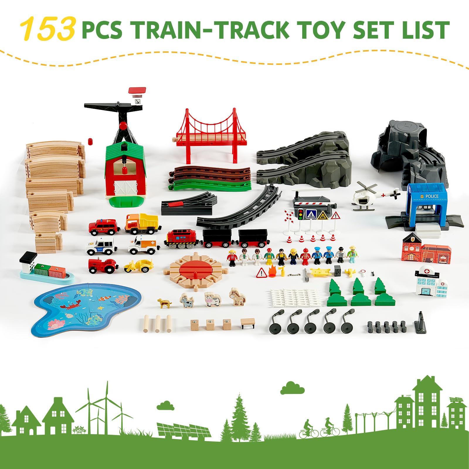 Joylike 153pcs Wooden Train Set, Toy Train for Boys & Girls - Joylike