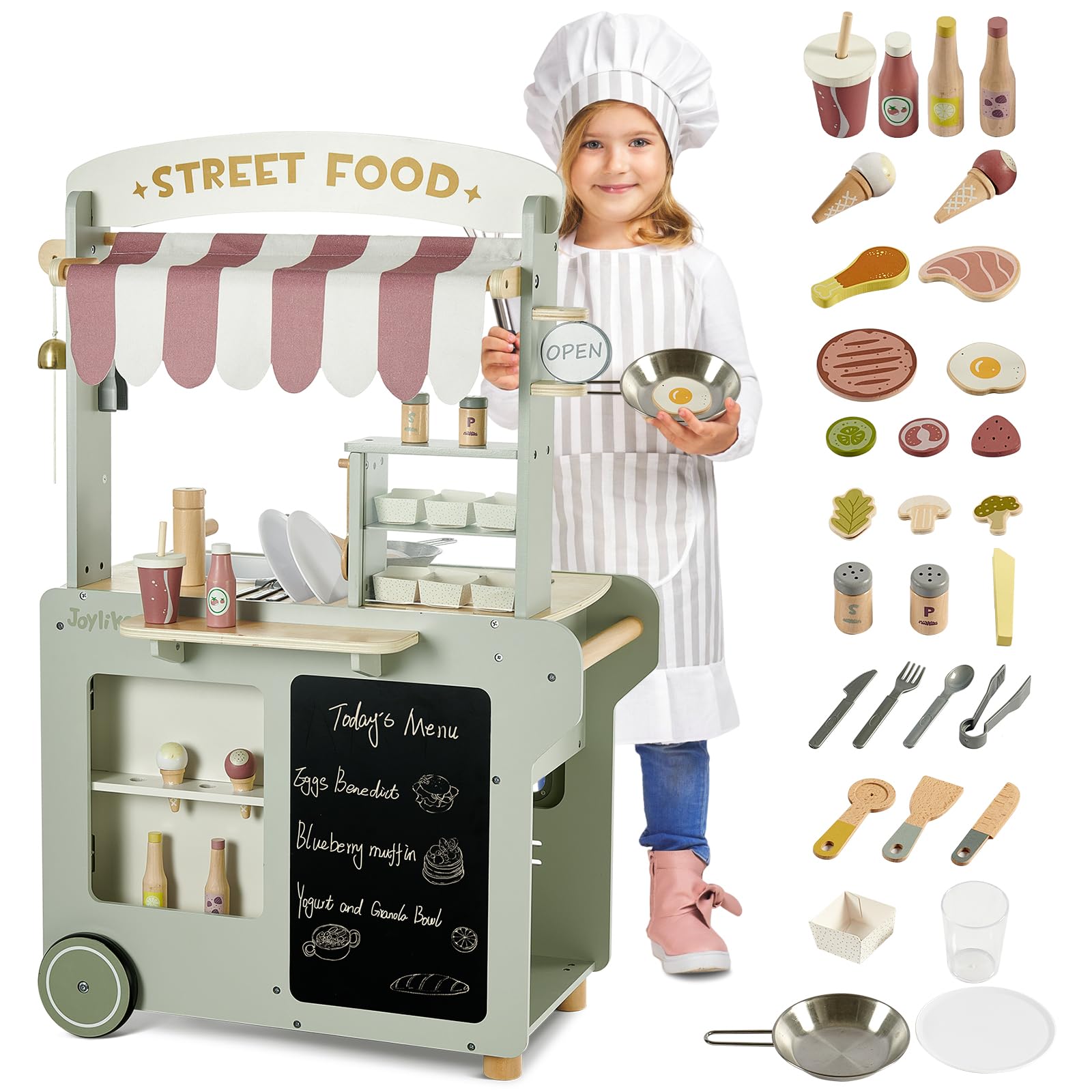 Joylike 50-Pcs Wooden Food Cart, Kitchen Playset Grocery Store with Sink and Ice Maker - Joylike