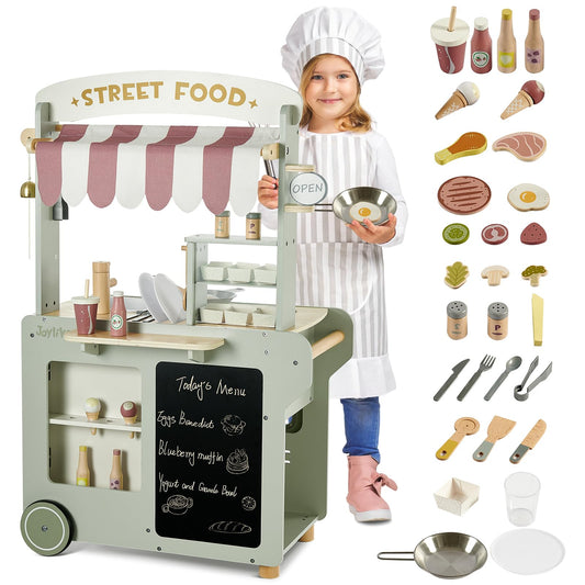 Joylike 50-Pcs Wooden Food Cart, Kitchen Playset Grocery Store with Sink and Ice Maker - Joylike
