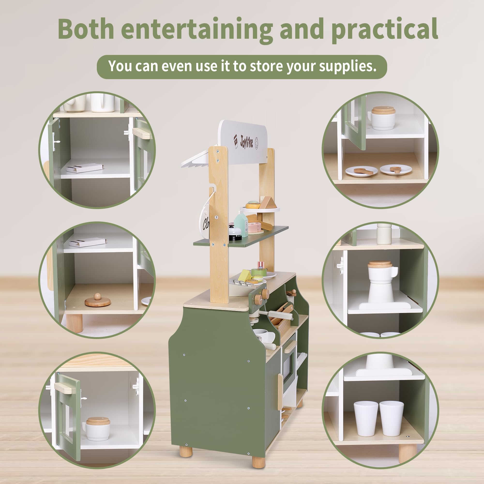 Joylike 37 PCS Wooden Coffee Shop Play Set, Pretend Grocery Store, Realistic Bakery Shop Sessert Stand with Toy Foods - Joylike