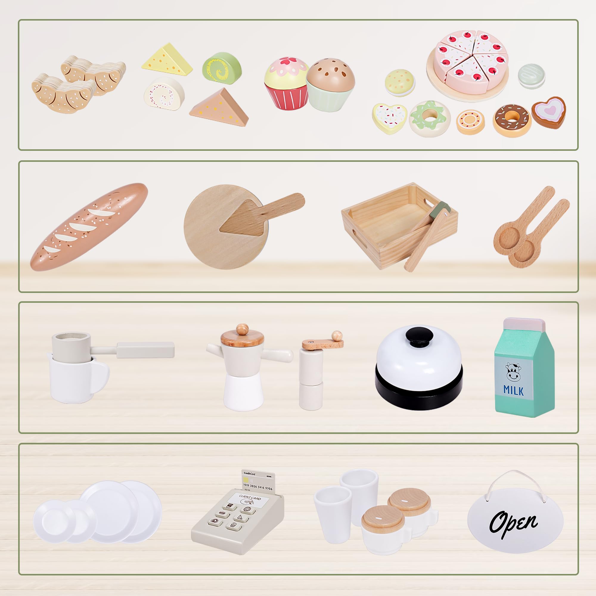 Joylike 37 PCS Wooden Coffee Shop Play Set, Pretend Grocery Store, Realistic Bakery Shop Sessert Stand with Toy Foods - Joylike