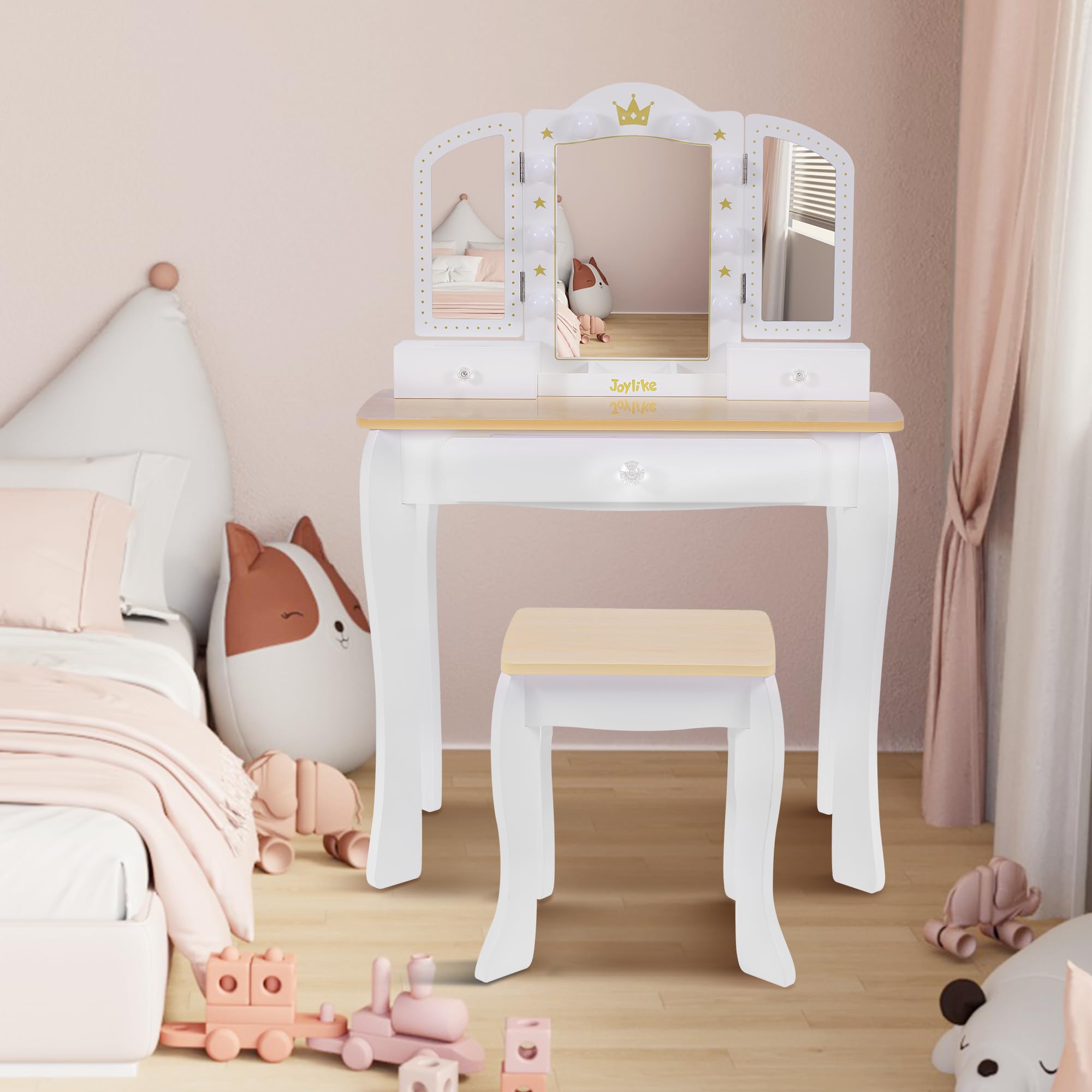 Joylike Girls Vanity set with mirror,wooden dressing table,Pretend play vanity table and chair set - Joylike