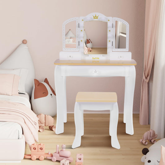 Joylike Girls Vanity set with mirror,wooden dressing table,Pretend play vanity table and chair set - Joylike