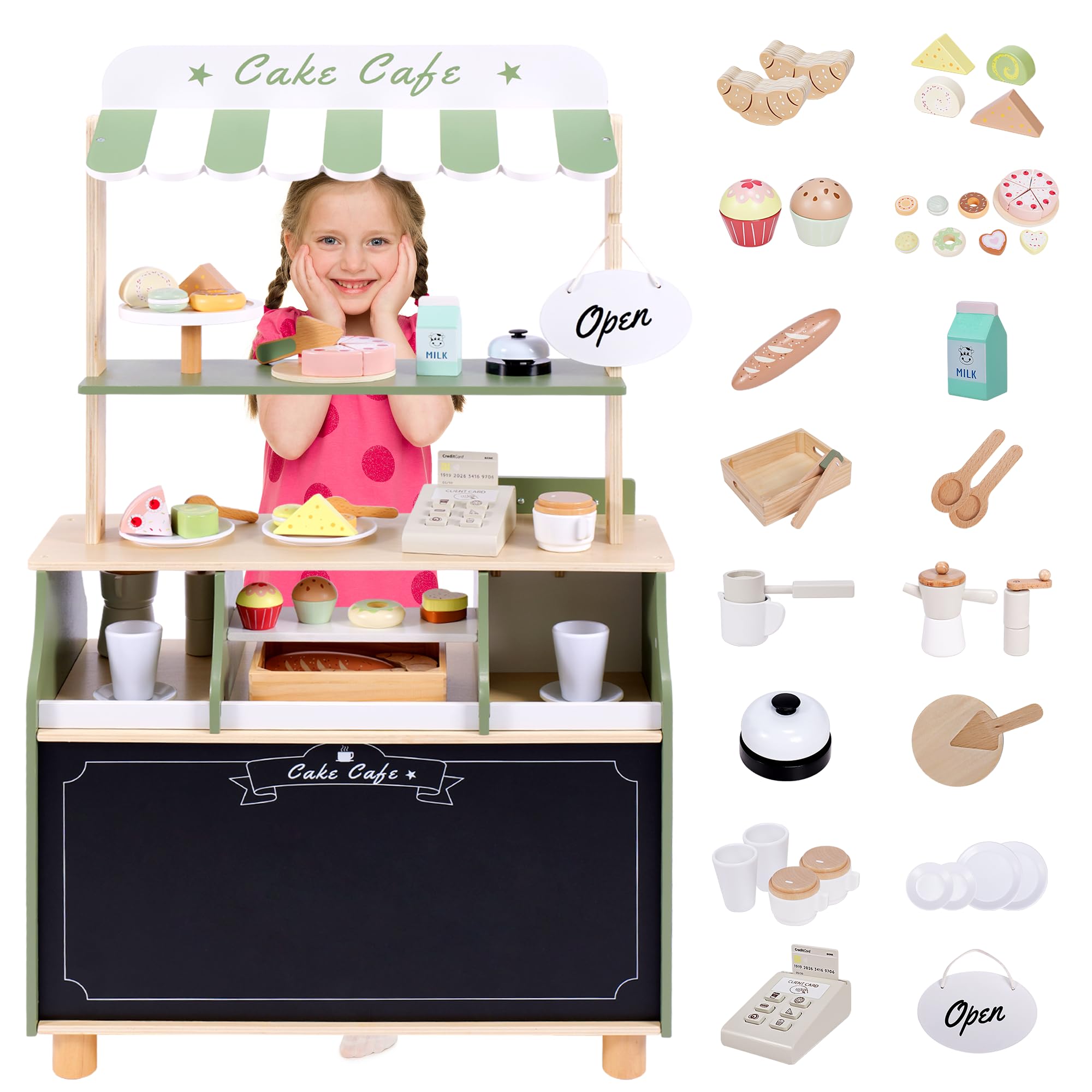 Joylike 37 PCS Wooden Coffee Shop Play Set, Pretend Grocery Store, Realistic Bakery Shop Sessert Stand with Toy Foods - Joylike