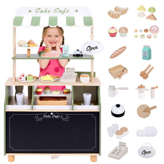Joylike 37 PCS Wooden Coffee Shop Play Set, Pretend Grocery Store, Realistic Bakery Shop Sessert Stand with Toy Foods - Joylike
