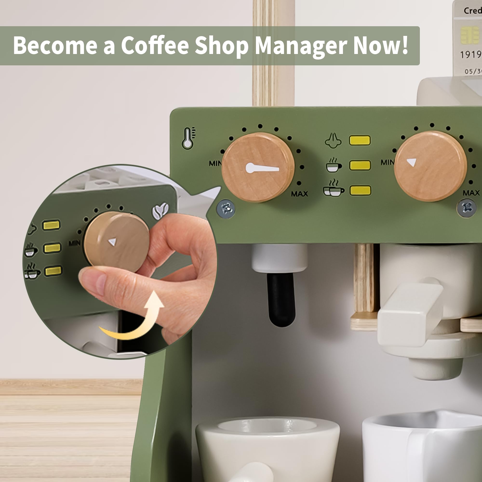 Joylike 37 PCS Wooden Coffee Shop Play Set, Pretend Grocery Store, Realistic Bakery Shop Sessert Stand with Toy Foods - Joylike