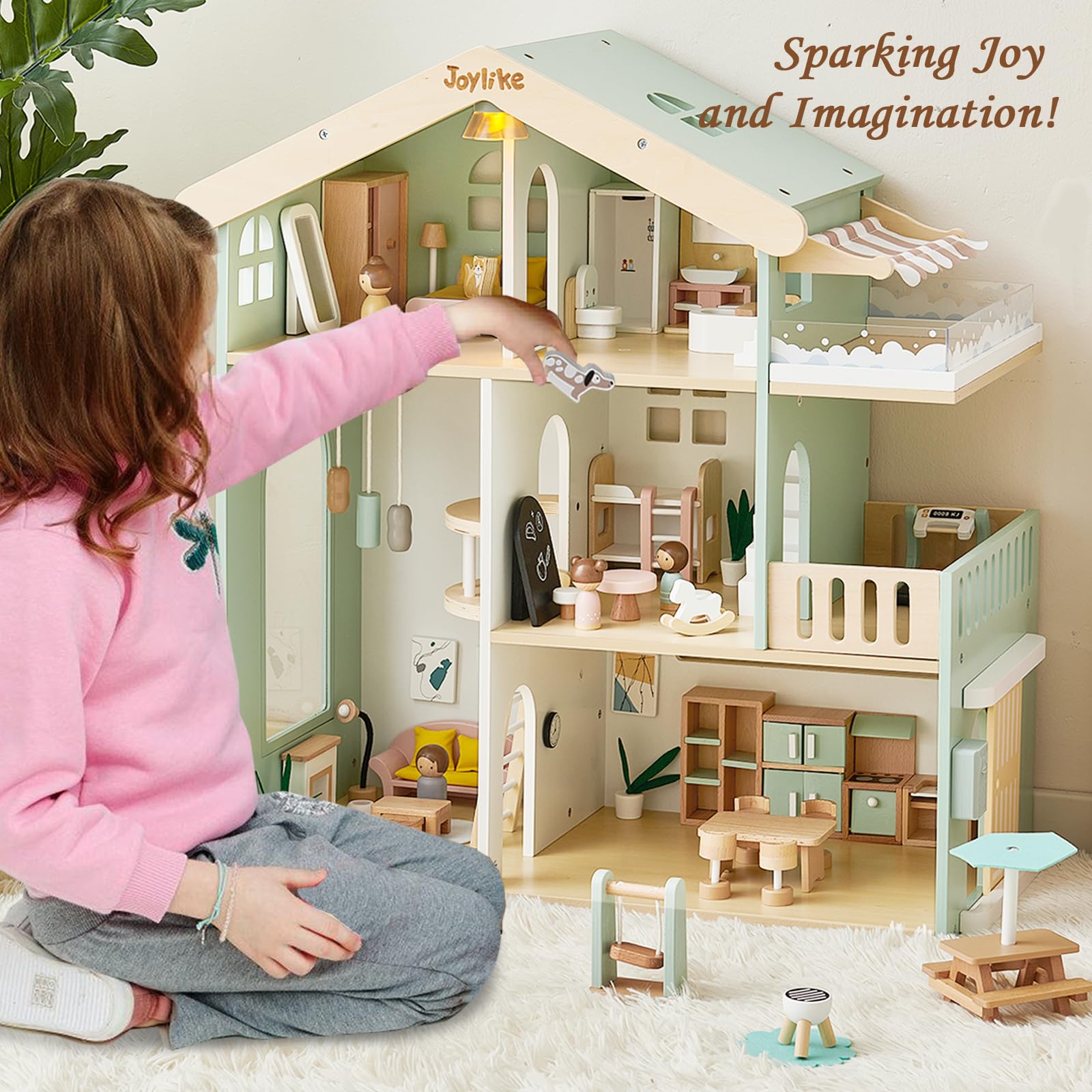 Joylike 53PCS Wooden Dollhouse for Kids, Family Dollhouse Including Toy Figures, Furniture and Accessories - Joylike