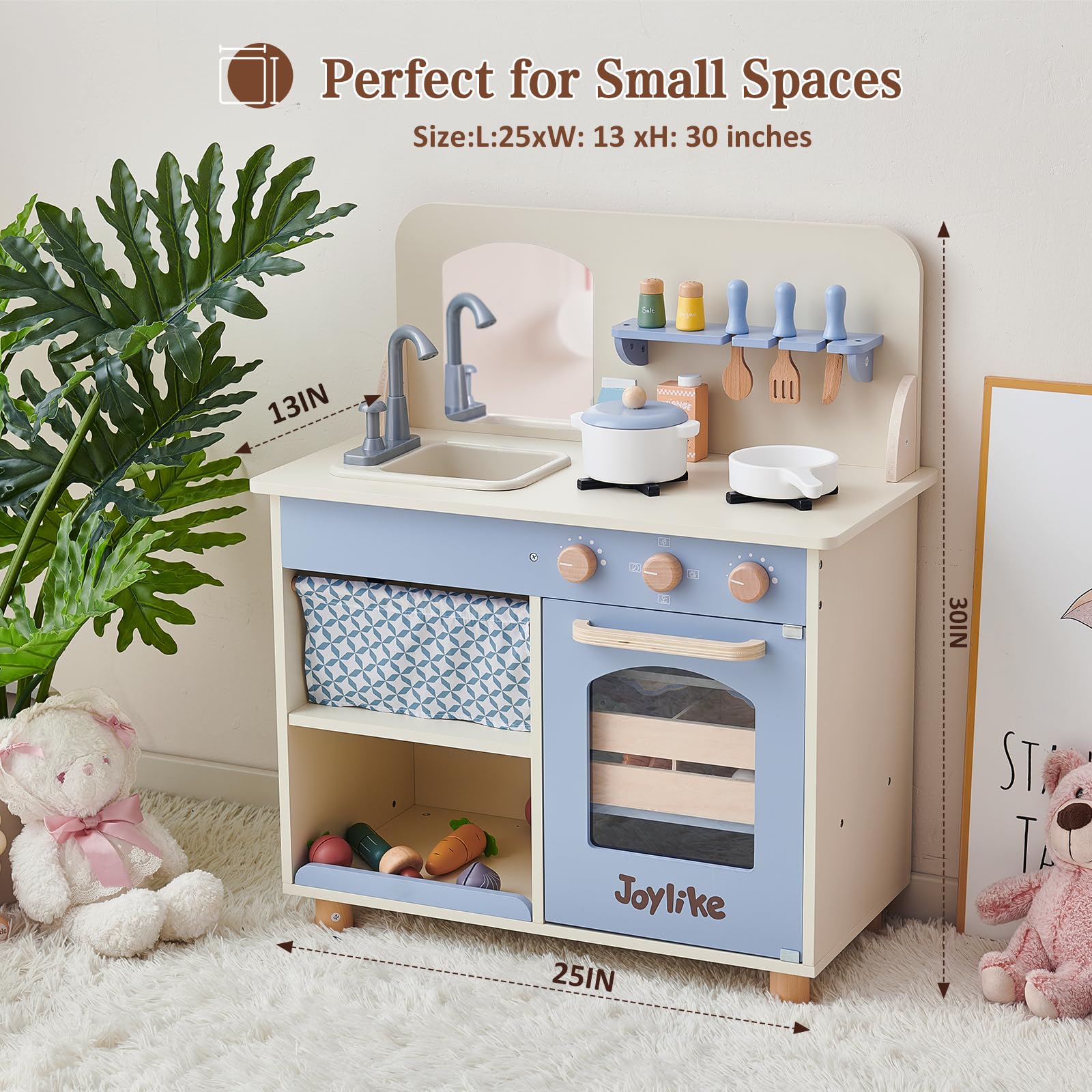 Joylike 32Pcs Wooden Kitchen Playset, Toddler Play Kitchen with Accessories Cutting Food Set, Stove & Water Sink - Joylike