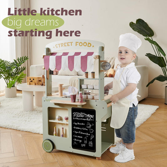 Joylike 50-Pcs Wooden Food Cart, Kitchen Playset Grocery Store with Sink and Ice Maker - Joylike